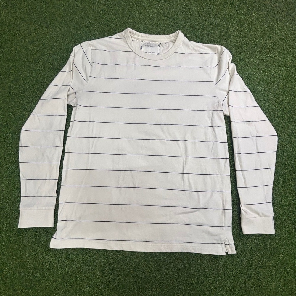 Cactus Man Mens Medium Long Sleeve Striped‎ Crew Neck T-Shirt Cream Navy Blue